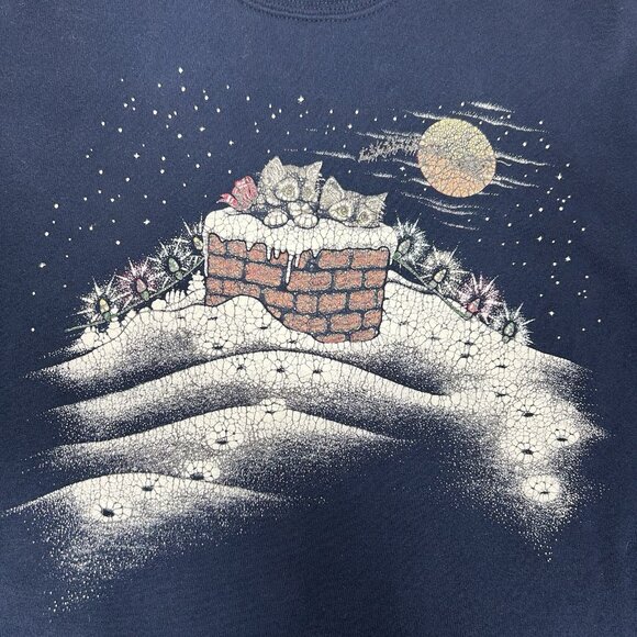 Vtg Calico Harbor Women Blue Sweatshirt Cats In Chimney Print Christmas Sz L USA - Picture 4 of 6